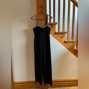 Chic Black Jumpsuit with White Crystal Trim